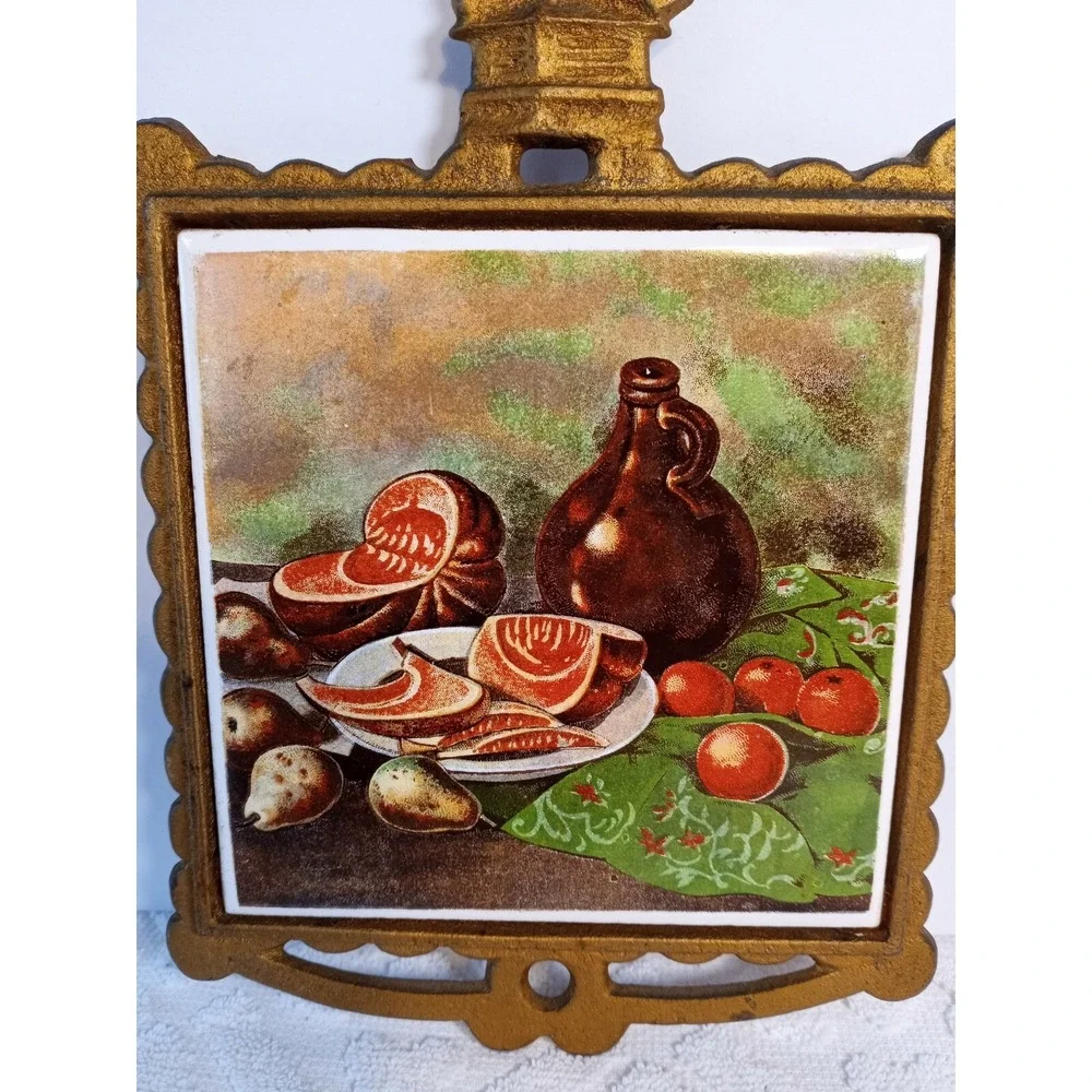 Gold Rooster Handle Cast Iron Vtg Fruit Tile Trivet Hot Plate 13